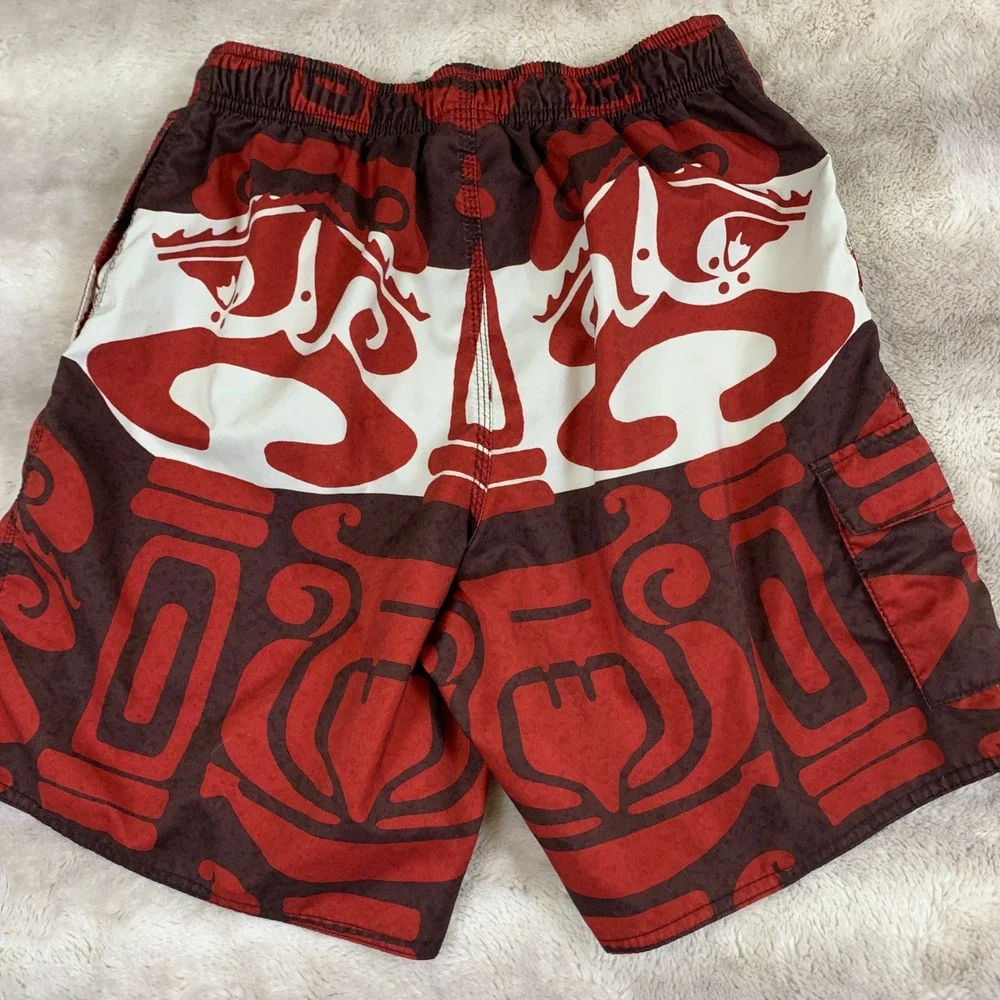 Y2K Quiksilver Mens Tribal‎ Graphic Surf Board Shorts Red Brown Size Small Beach